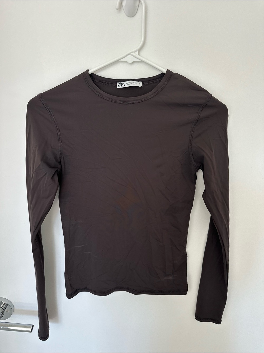 Zara Fitted Long Sleeve Crew Neck Top — Dark Brown
